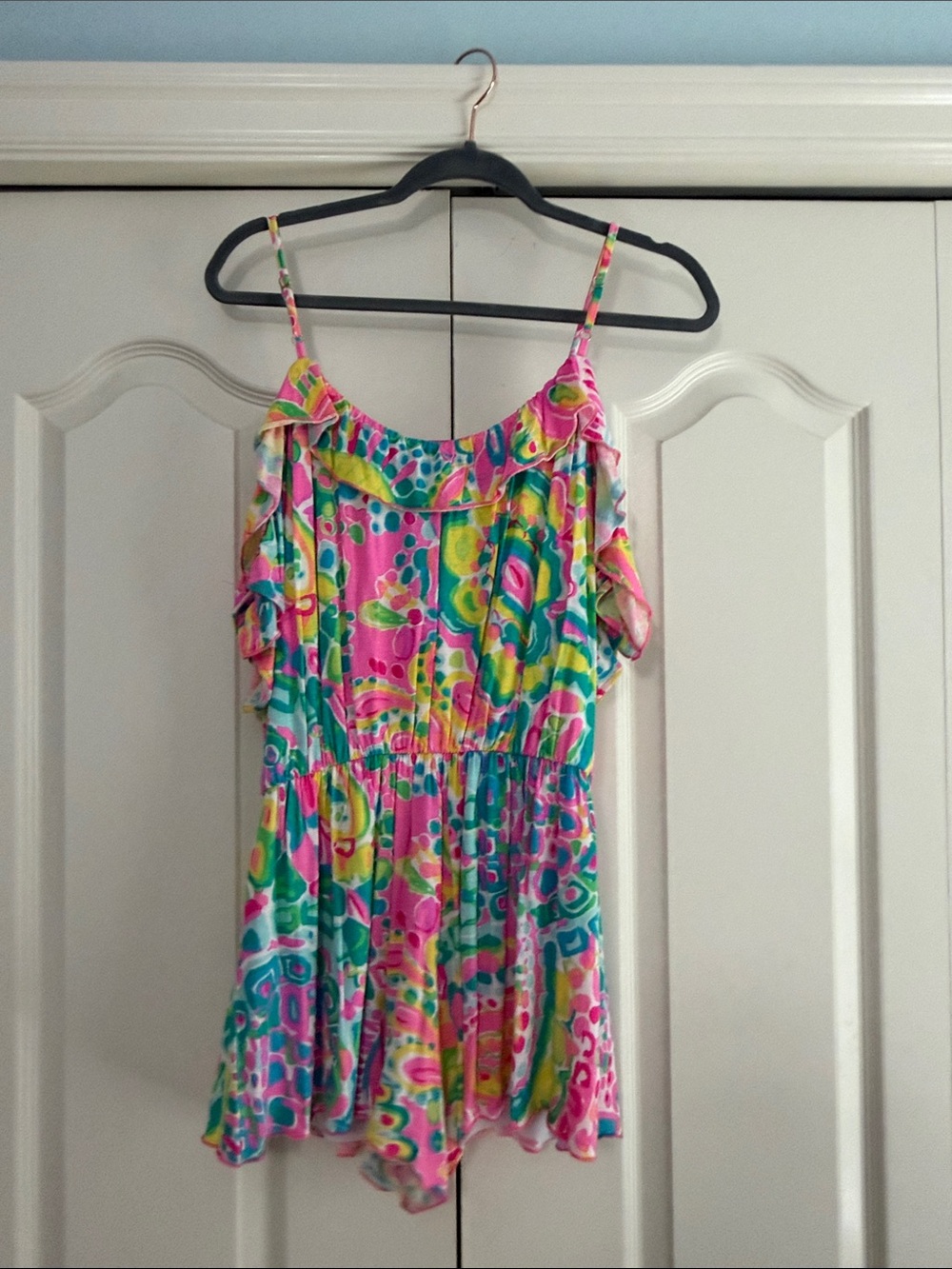 Lilly Pulitzer Pink, Yellow & Green Print Ruffle Strap Romper - Picture 4 of 5